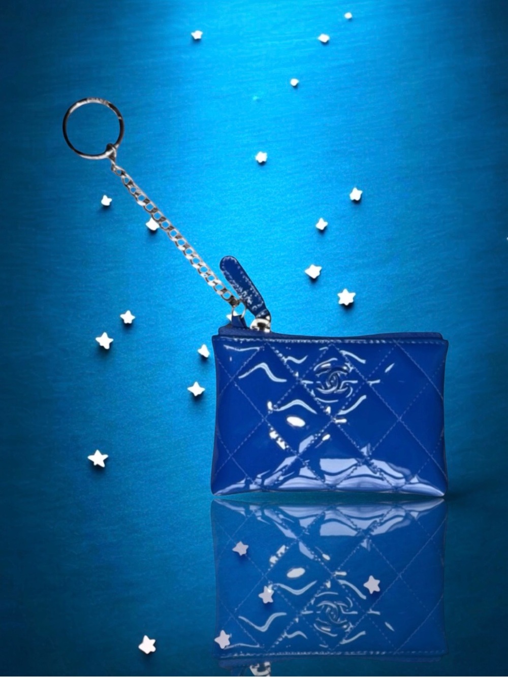 💗CHANEL Cobalt Blue Patent Leather Tonal CC Logo Card Wallet Key Holder SilverHW